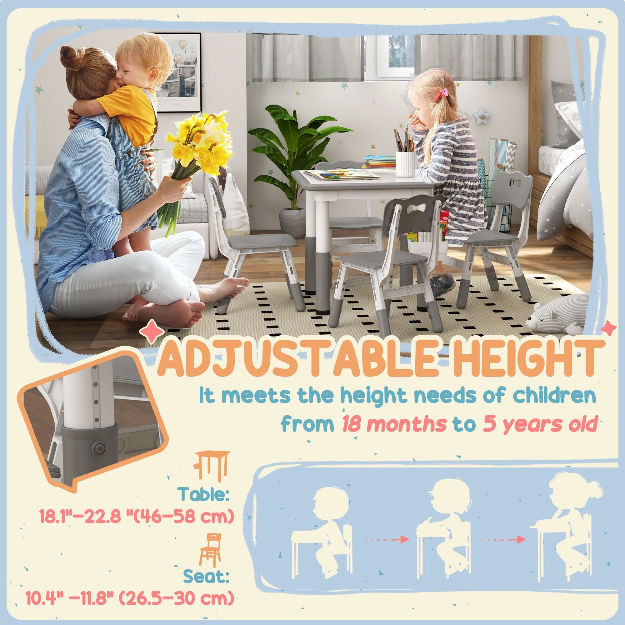 Qaba 5 Piece Toddler Table Chair Set Height Adjustable Activity Set Nursery Classroom Playroom Furniture Grey 