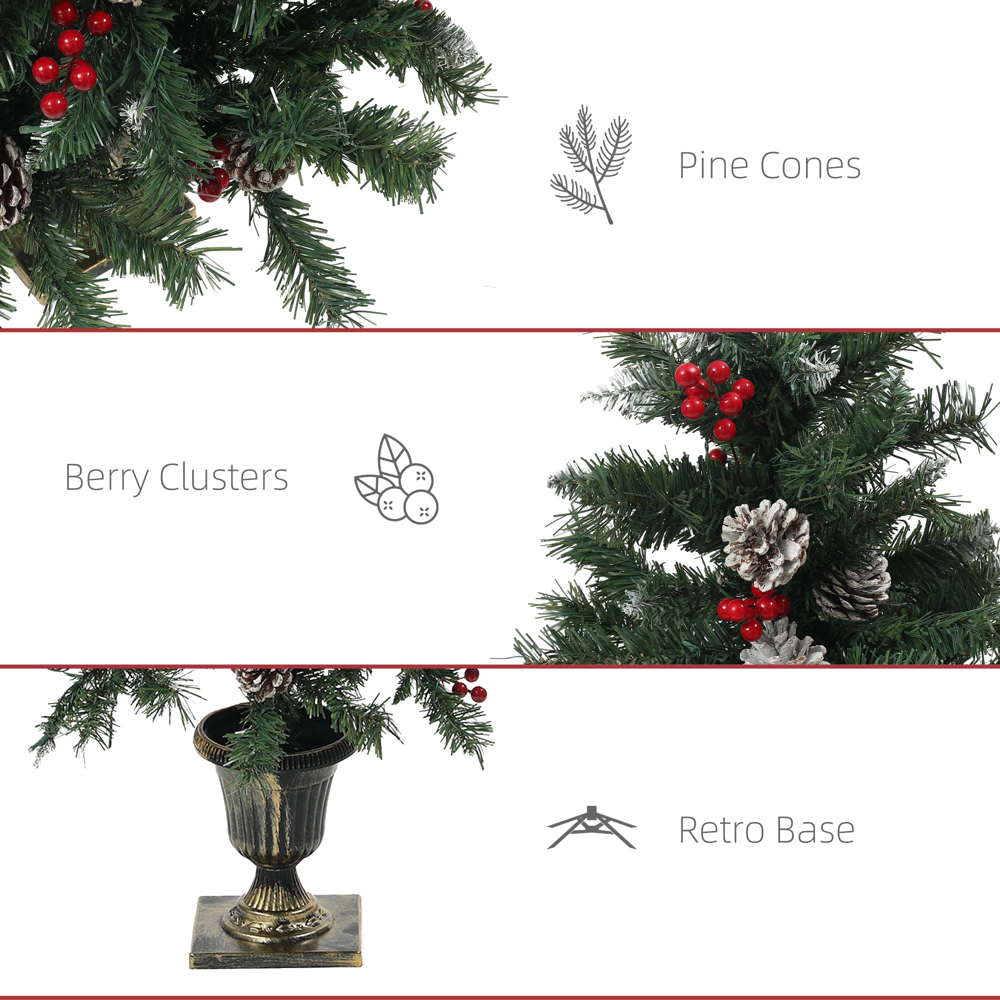 HOMCOM 4FT Pre-Lit Decorated Christmas Tree with Red Berries and Pine Cones Snow Flocked Christmas Tree with LED Lights Green 