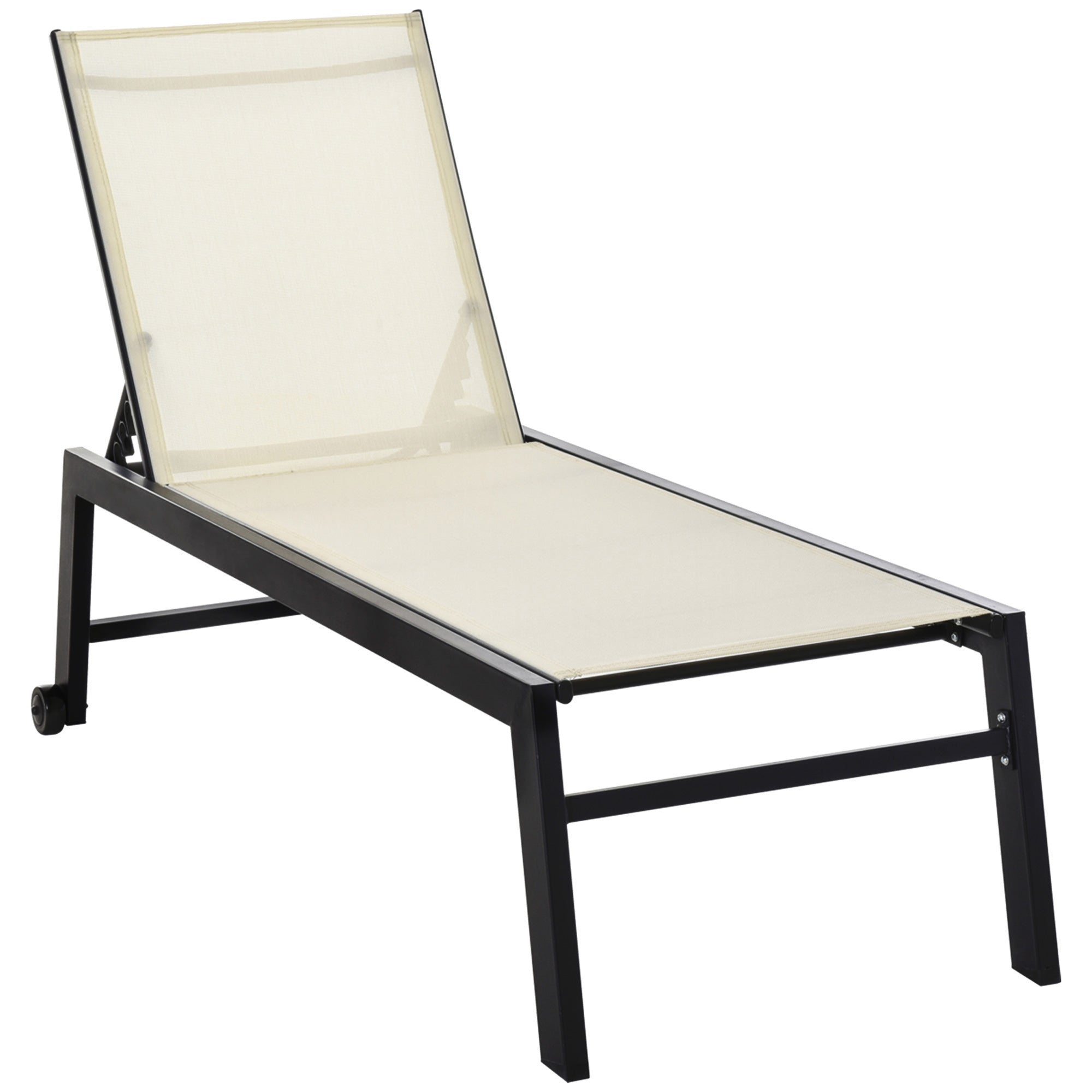 Outsunny Patio Lounge Chair Outdoor Recliner with 5-Position Backrest 2 Wheels for Poolside Beach Lawn Cream White 