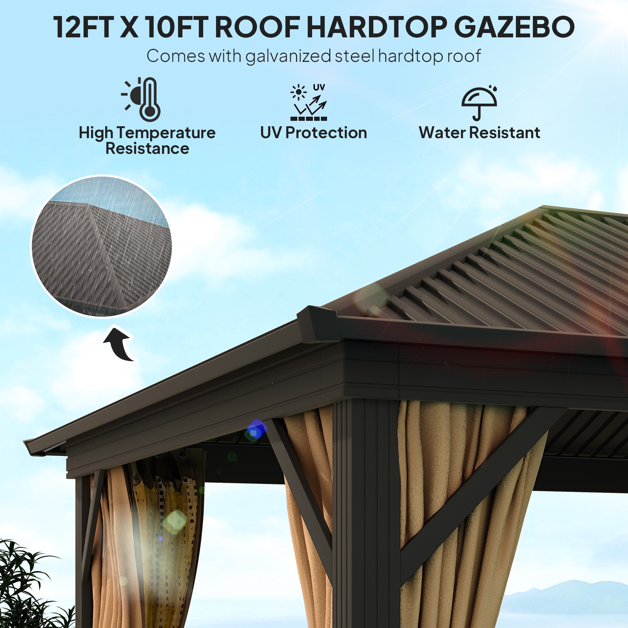 Outsunny 10' x 12' Outdoor Hardtop Gazebo Metal Roof Patio Gazebo with Aluminum Frame, Mesh Nettings, Brown 