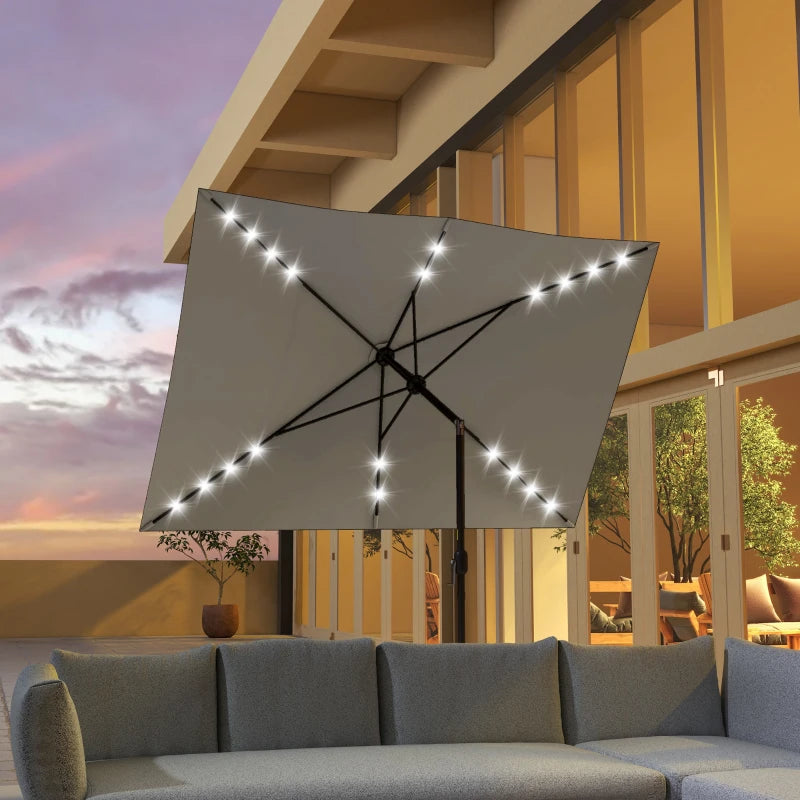 6.5x10ft Patio Umbrella Tilt Aluminum Outdoor Market Parasol with Solar Powered LEDs, Crank - Light Grey