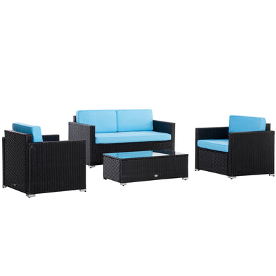 Outsunny 4PC Sky Blue Patio Wicker Sofa Set Outdoor PE Rattan Conversation Furniture with Tempered Glass Table-top 