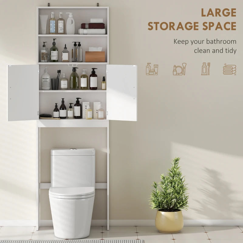 Over The Toilet Storage Cabinet, Freestanding 4-Tier Bathroom Organizer with Adjustable Shelf and 2 Doors, White