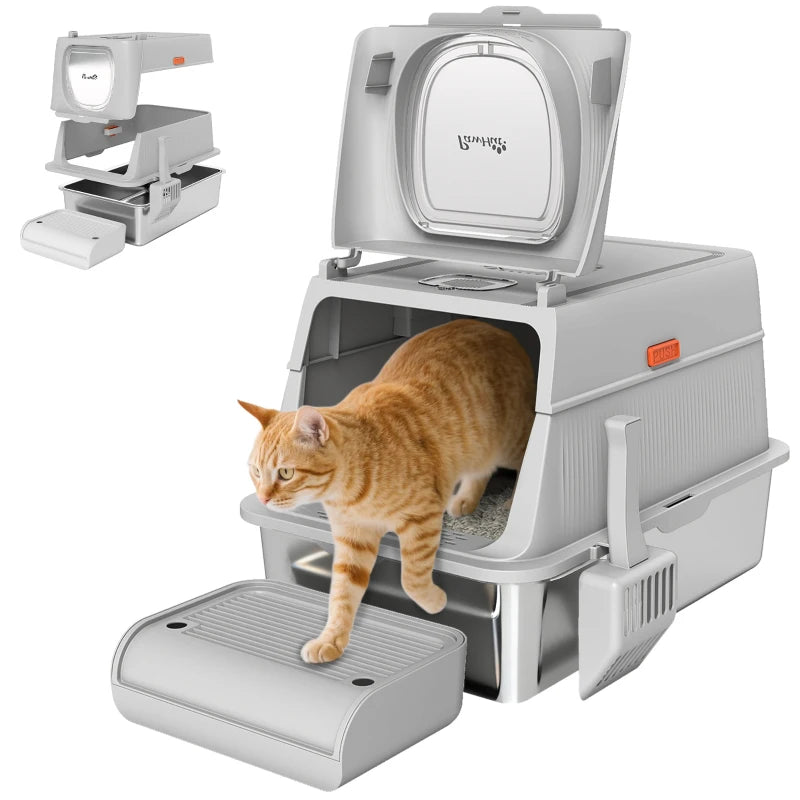 XL Stainless Steel Cat Litter Box, Kitty Litter Box with Flip Cover, Pedal, Deodorizer, for Big Cats