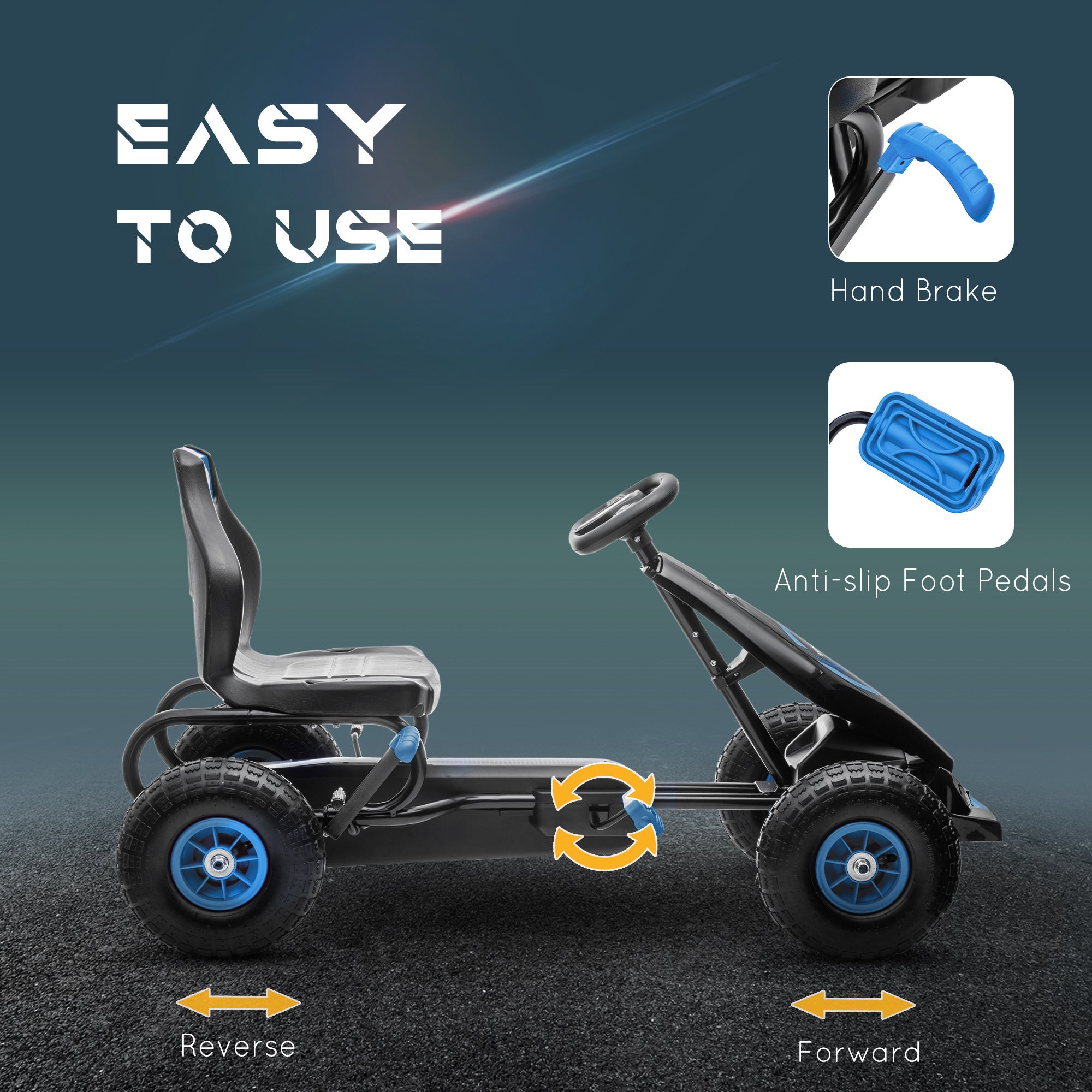 Aosom Kids Pedal Go Kart Ergonomic Adjustable Seat Rubber Wheels Shock Absorb Safety Hand Brake Ages 5-12 Blue 