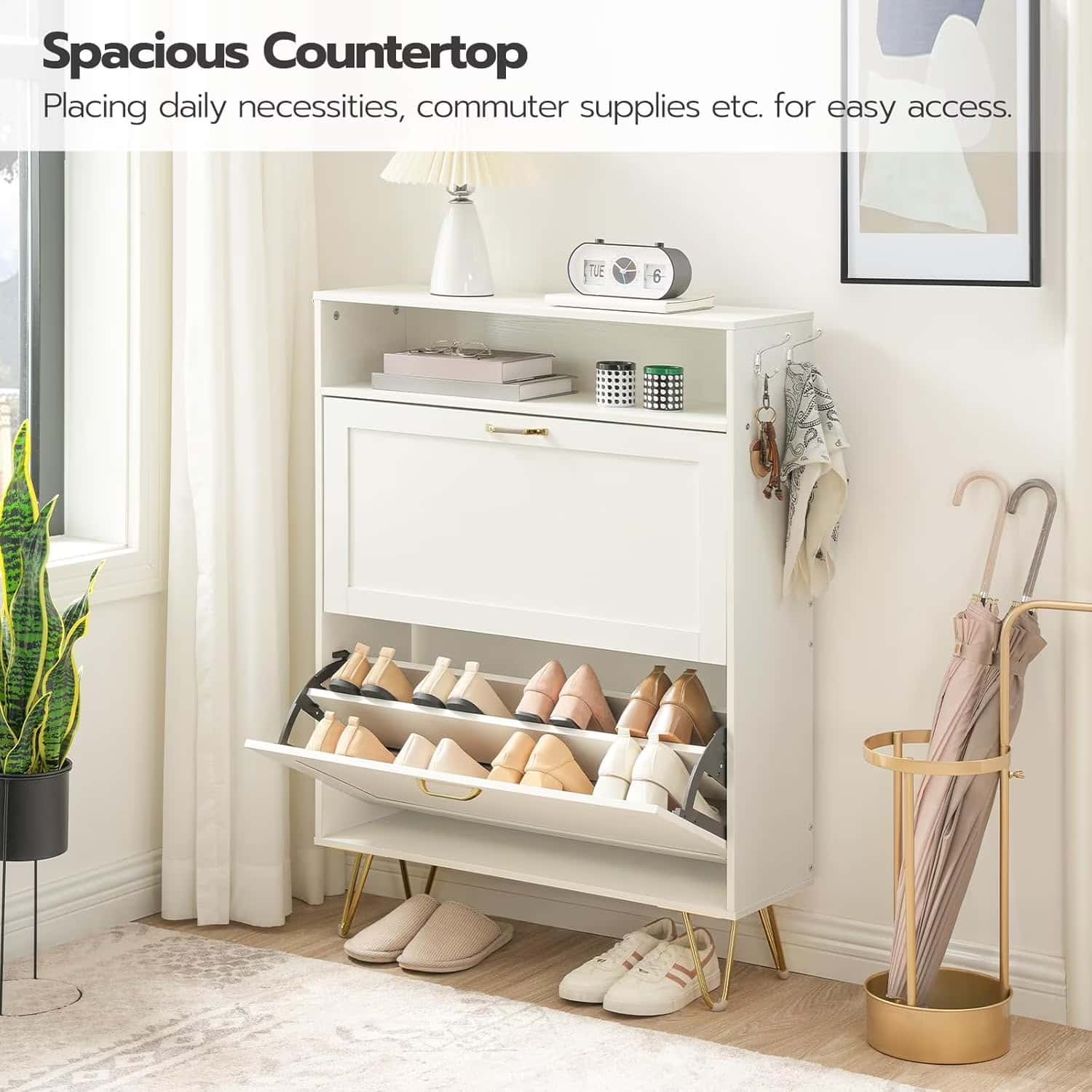 HOOBRO Slim Shoe Cabinet with 2 Flip Drawers and Open Shelves, Modern Entryway Shoe Storage Organizer, White