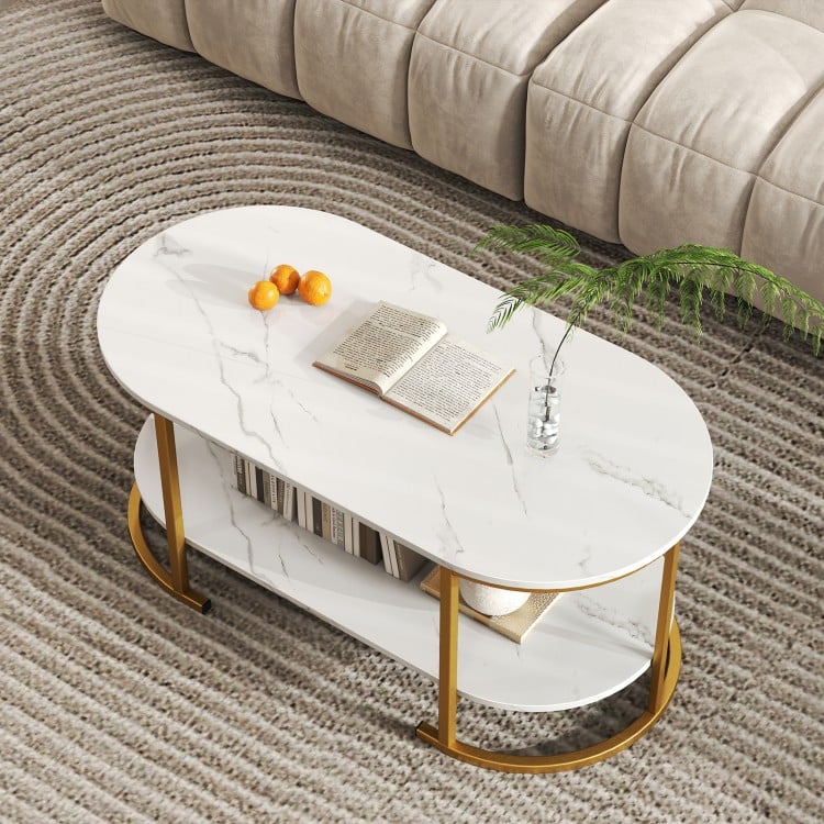Marble Coffee Table with Open Storage Shelf-White