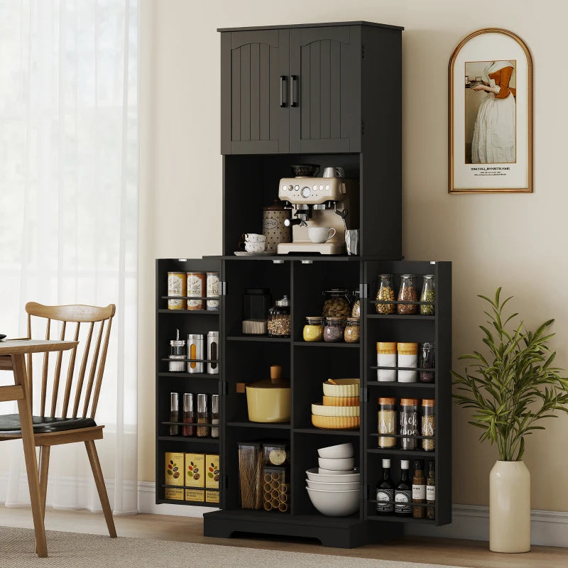 71.5" Tall Pantry Cabinet, Farmhouse Kitchen Storage Cabinet with Adjustable Shelves, 8 Door Spice Racks, Black