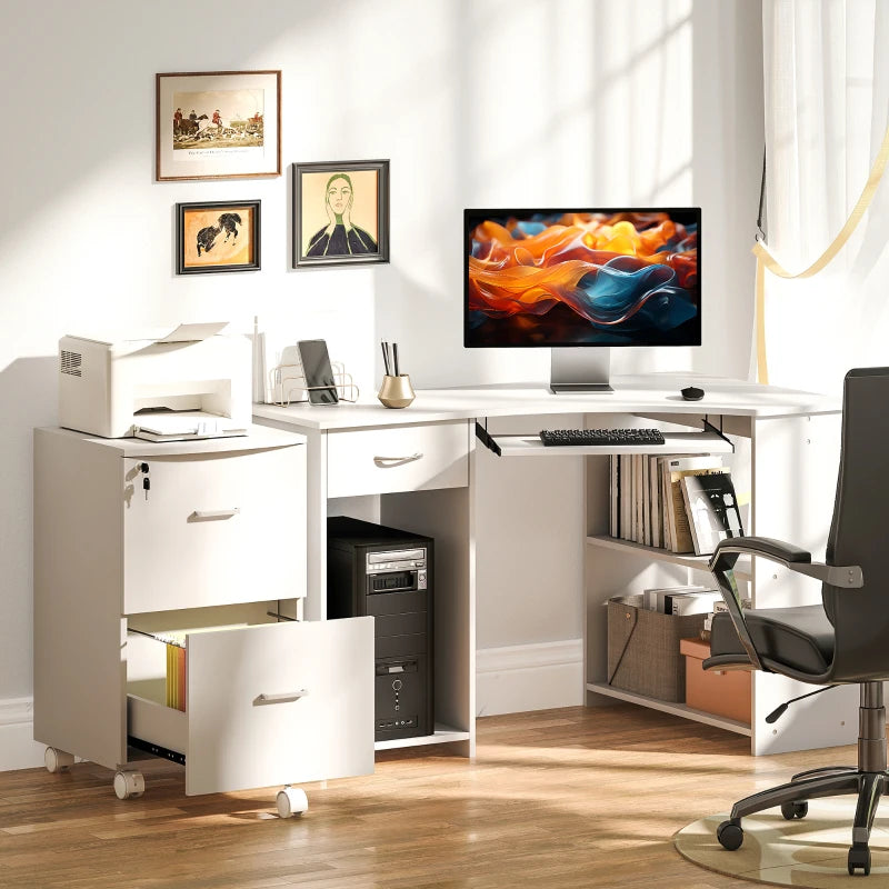 L-Shaped Computer Desk and File Cabinet Set for Bedroom, White