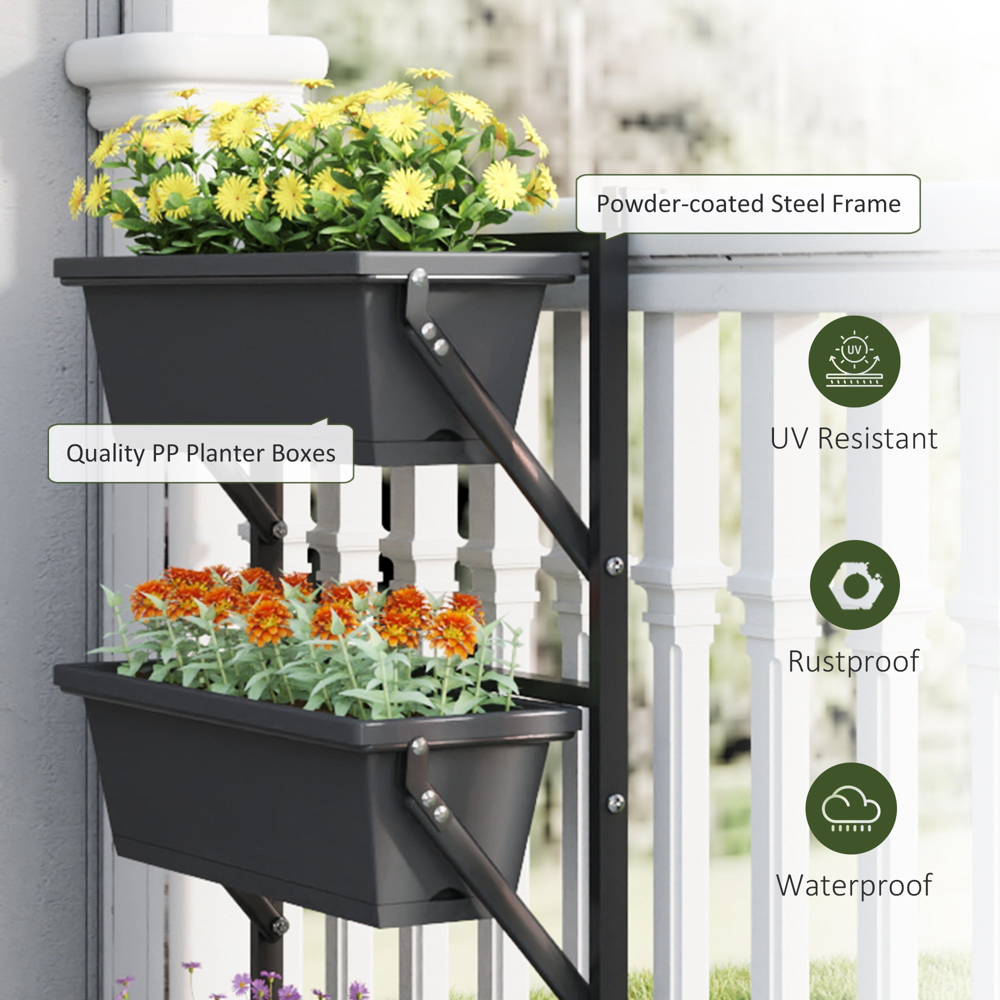 Outsunny 3-Tier Wall-Mounted Planter Box with 3 Pots, Vertical Planters for Outdoor Plants, Dark Grey 