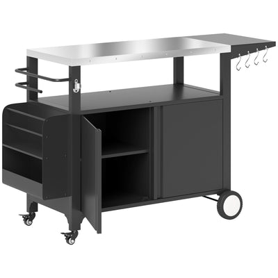 Outsunny Outdoor Grill Cart with Foldable Side Table, Stainless Steel Tabletop, Pizza Oven Stand with Storage Rack, Wheels 