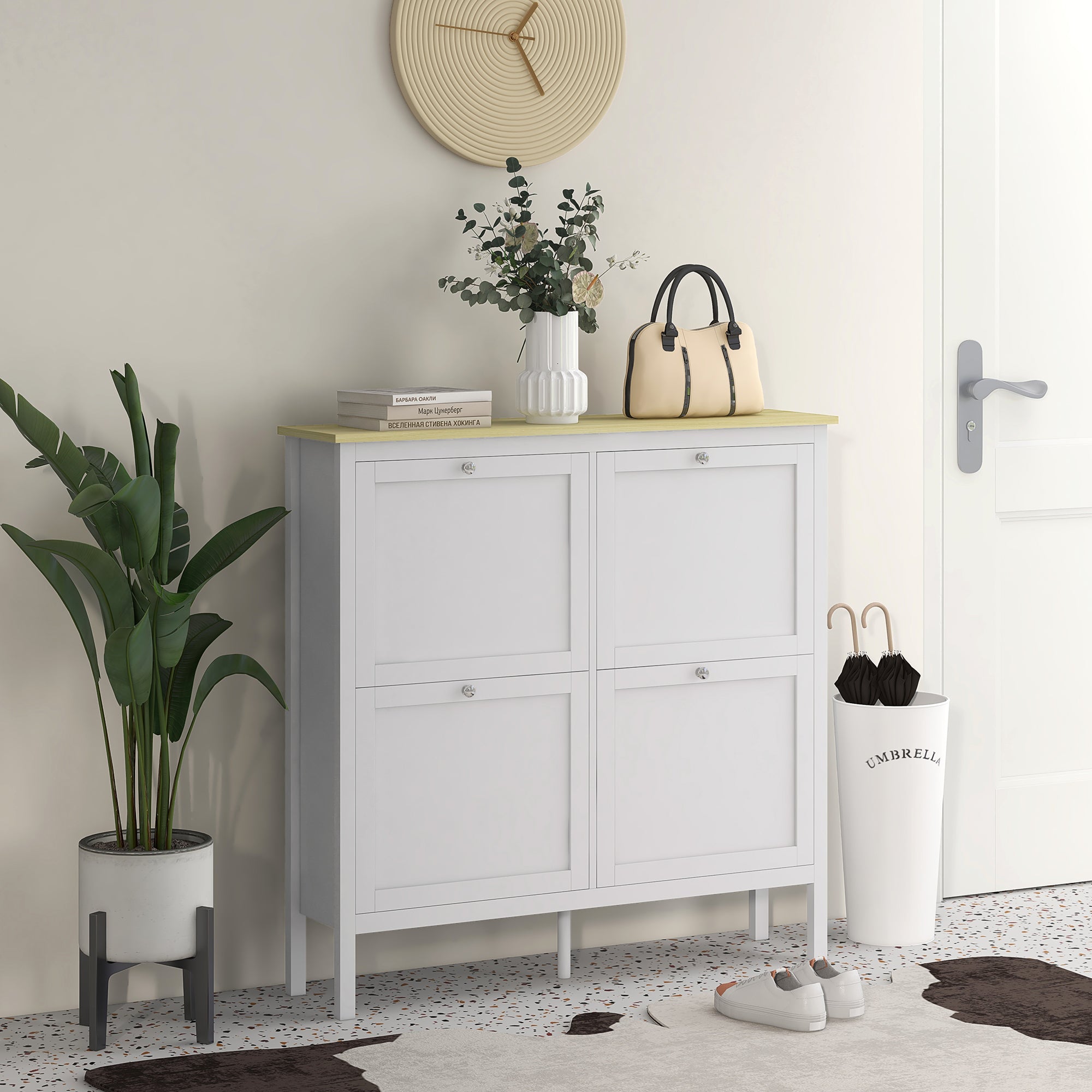HOMCOM Shoe Chic: Modern Storage Cabinet with 4 Flip Drawers, Adjustable Shelves for 20 Pairs of Shoes, White Finish 