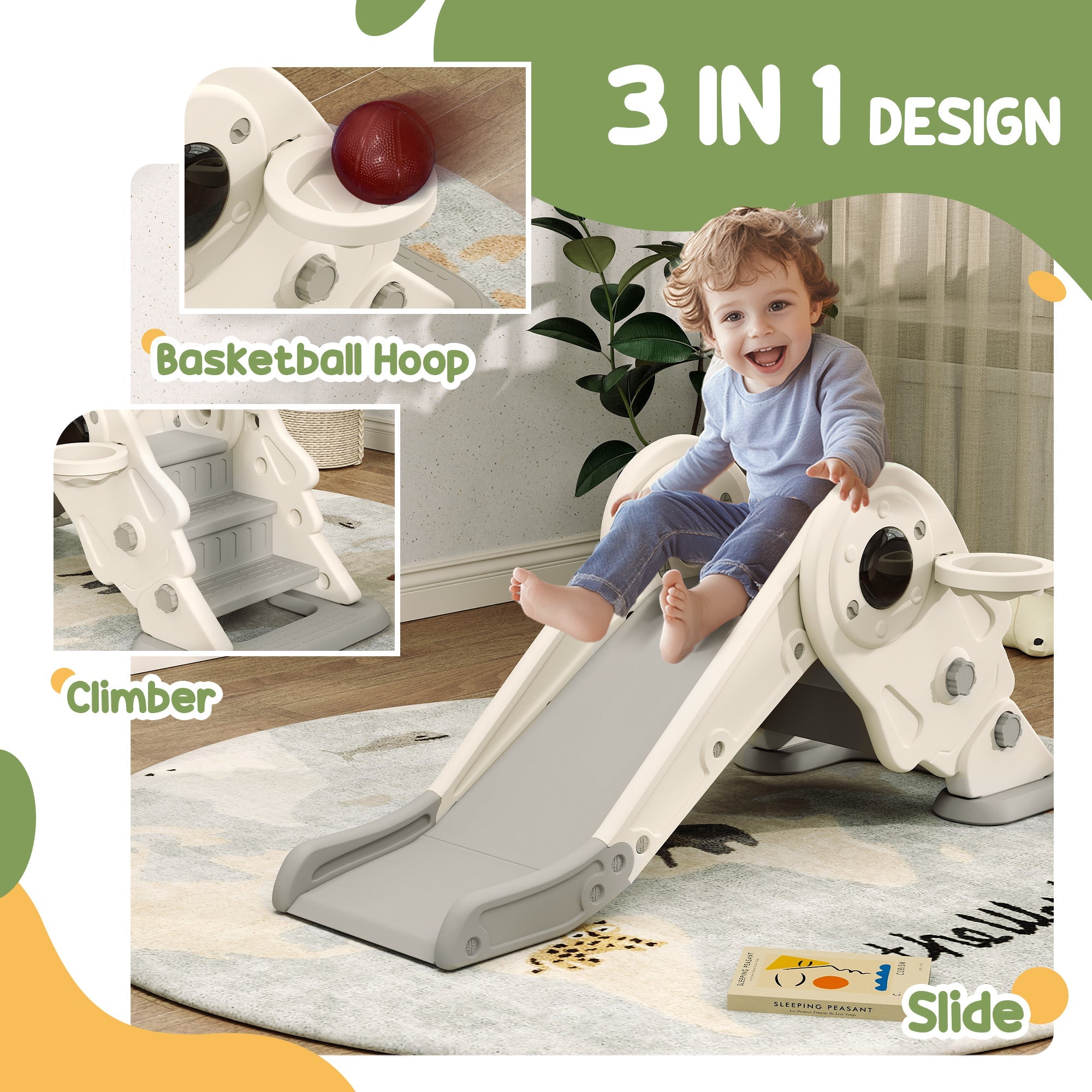 Qaba 3 in 1 Toddler Slide, Foldable Kids Slide with Basketball Hoop, Climber, Anti-Slide Step for Ages 2-5, Cream White 