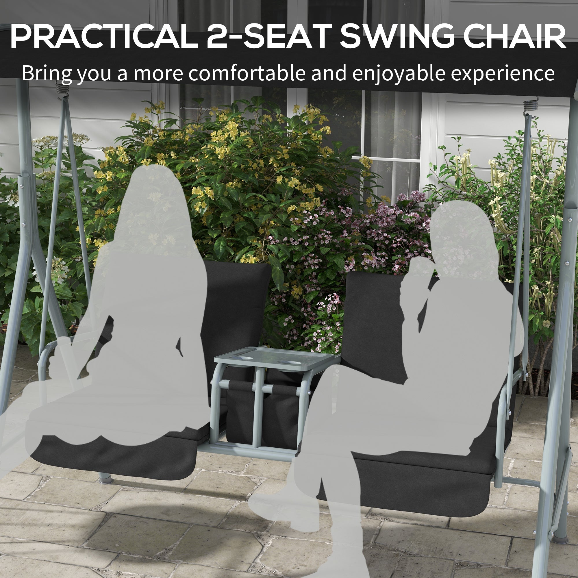 Outsunny 2-Seater Outdoor Porch Swing with Adjustable Canopy and Table, Patio Swing Chair for Garden, Poolside, Backyard, Black 