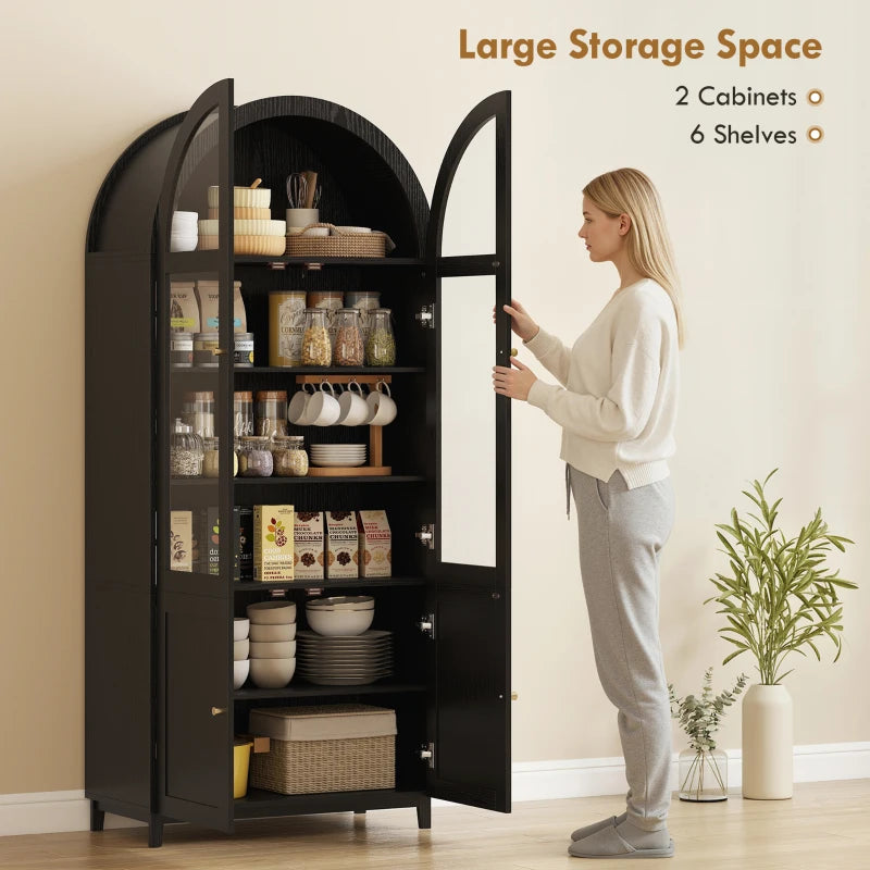 Arched Kitchen Pantry Cabinet, 71" Tall Farmhouse Kitchen Storage Cabinet with Acrylic Glass Doors, Black