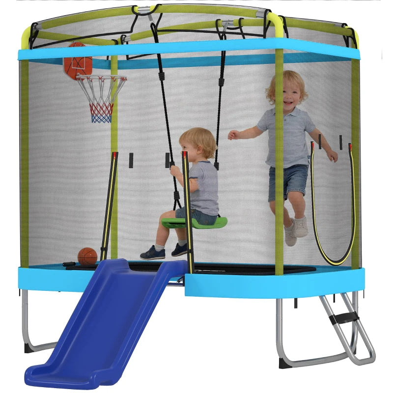 Qaba 70" x 47" Trampoline for Kids Indoor & Outdoor with Slide, Swing, Basketball Hoop and Safety Enclosure, Light Blue