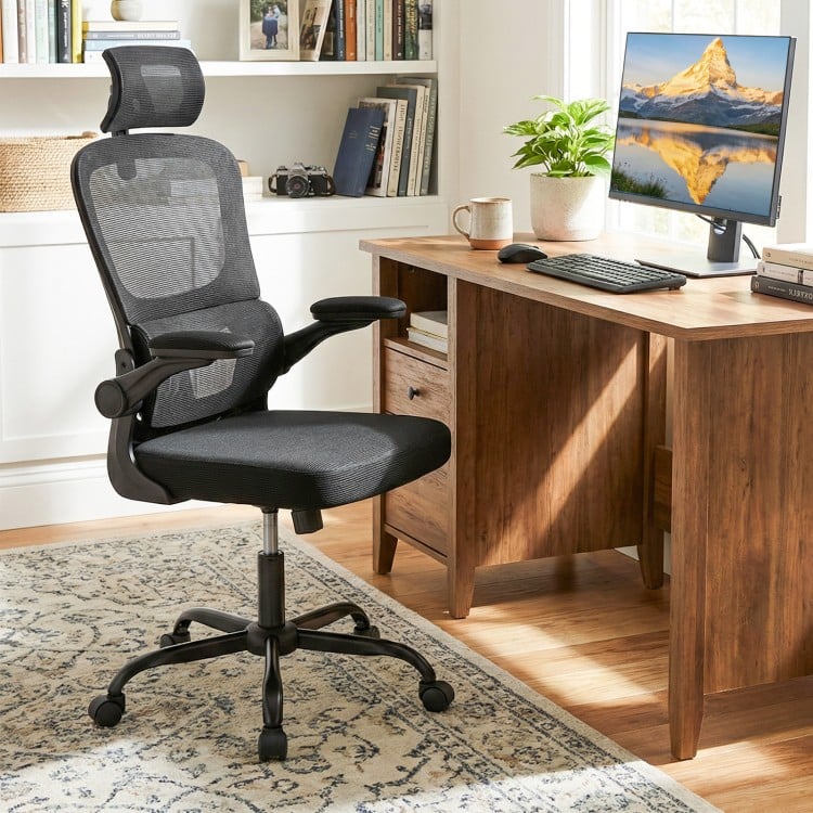Mesh Office Chair with Adaptive Lumbar Support  Flip-up Armrests  Reclining Backrest-Black