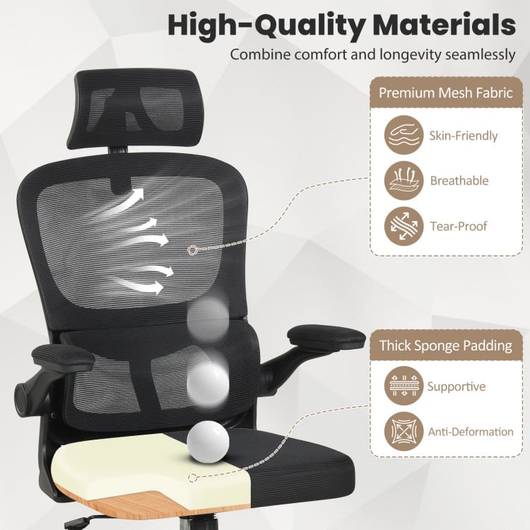 Mesh Office Chair with Adaptive Lumbar Support  Flip-up Armrests  Reclining Backrest-Black