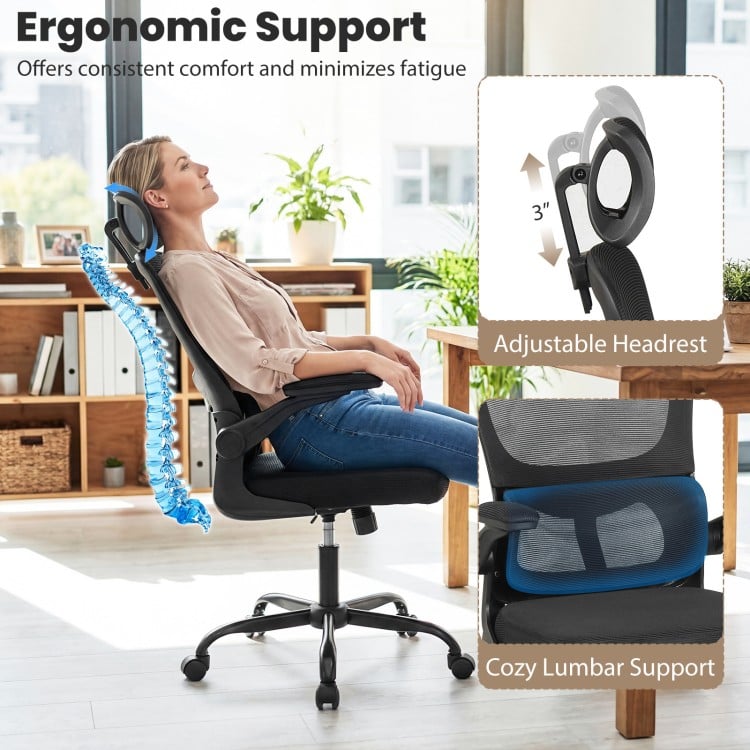 Mesh Office Chair with Adaptive Lumbar Support  Flip-up Armrests  Reclining Backrest-Black