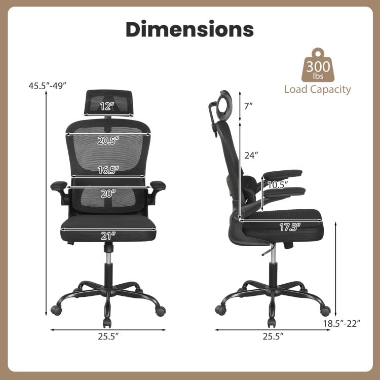 Mesh Office Chair with Adaptive Lumbar Support  Flip-up Armrests  Reclining Backrest-Black