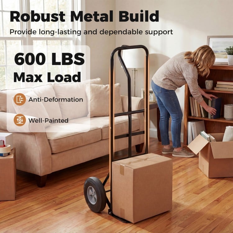 Metal Hand Truck Heavy-Duty 600 LBS Moving Dolly Cart with P-Handle and 10inch Rubber Wheels-Black