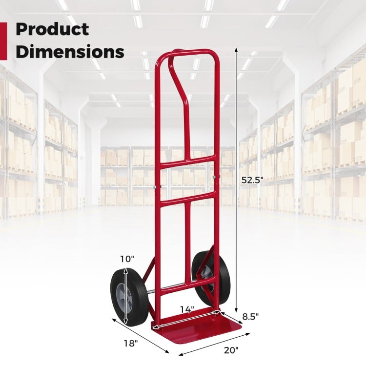 Metal Hand Truck Heavy-Duty 600 LBS Moving Dolly Cart with P-Handle and 10inch Rubber Wheels-Red