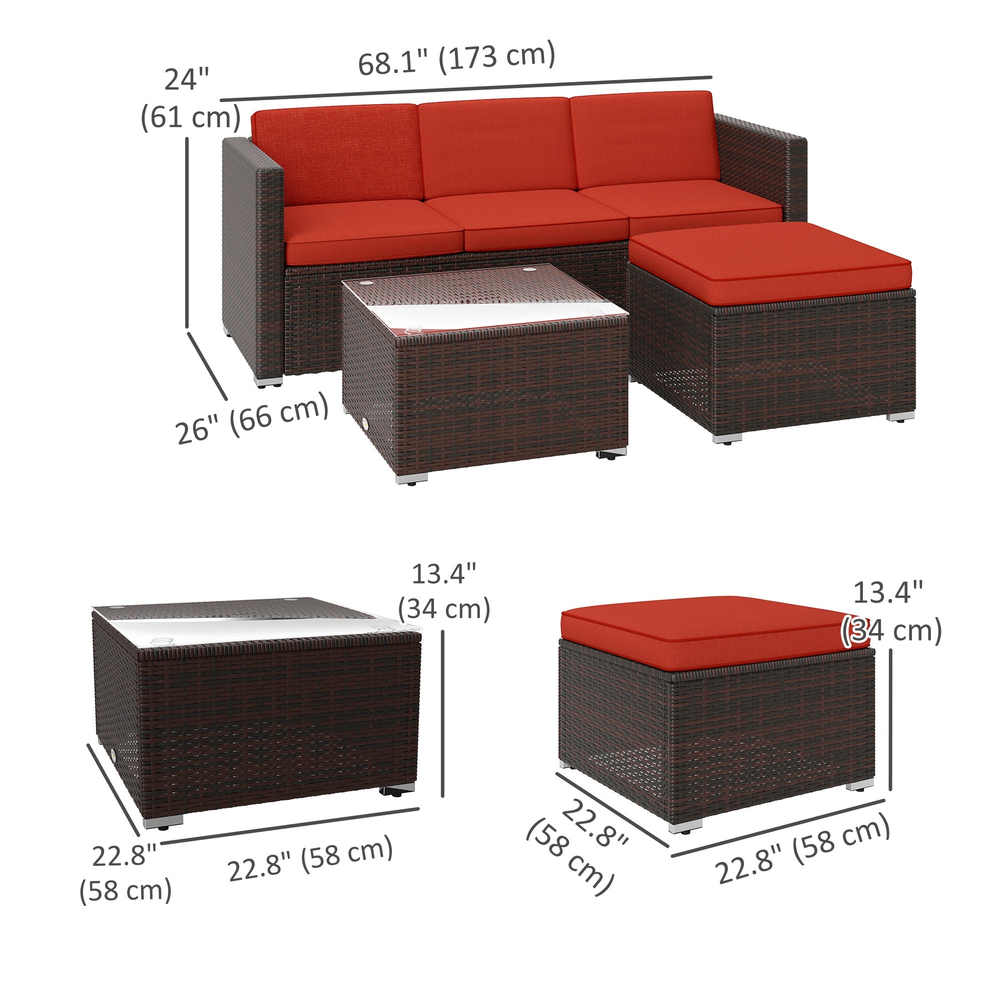 Outsunny Patio Furniture w/ Soft Cushions, Corner Sofa Sets, Red 