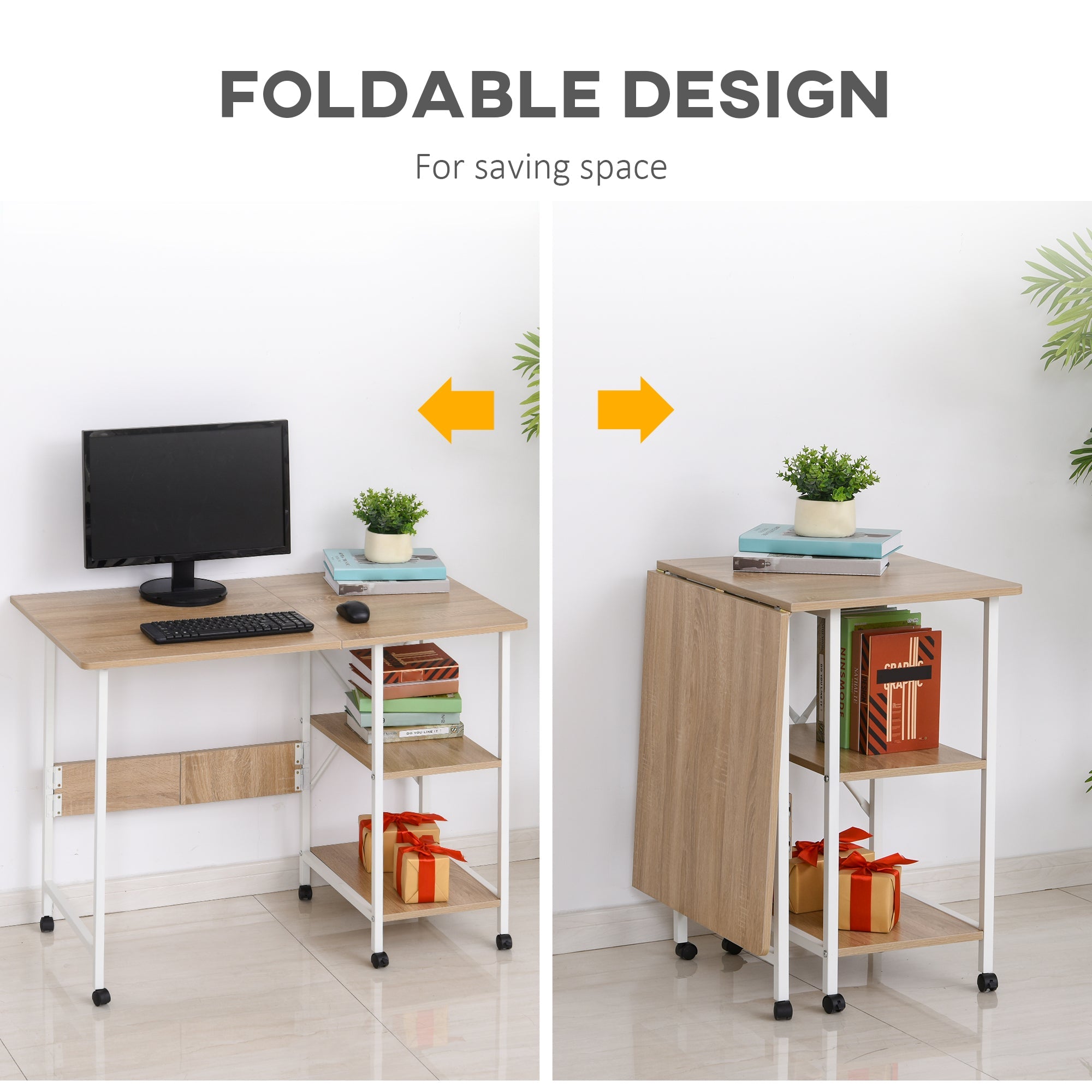 HOMCOM Folding Study Desk Storage Shelves Laptop Table Home Office Workstation 6 Wheels Natural 