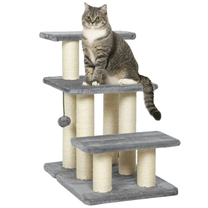 Cat Stairs with 2 Sisal Scratching Post for High Bed Couch, Adjustable 3-Tier Pet Stairs, White & Grey