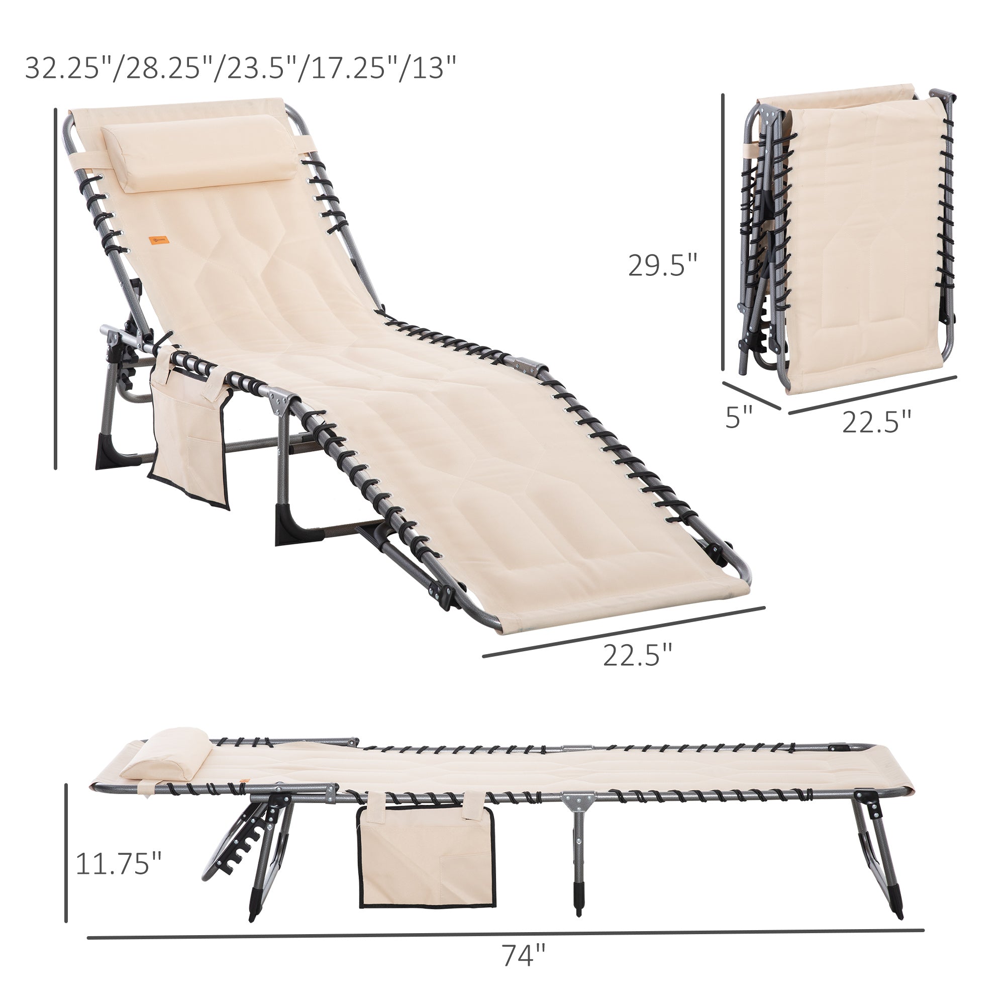 Outsunny Outdoor Folding Chaise Lounge Chair Padded Recliner 5-Position Adjustable Backrest Beige 