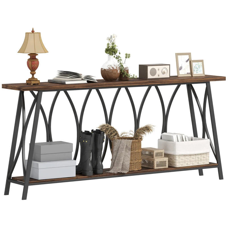 71" Console Table, Industrial 2-Tier Narrow Entryway Table with Metal Frame for Living Room, Hallway, Rustic Brown