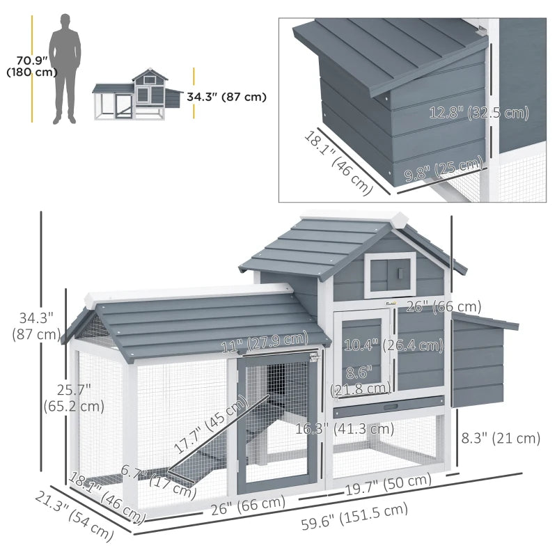 60" Large Chicken Coop Wooden Hen House for Outdoor Backyard with 2 Doors, Nesting Box and Removable Tray, White