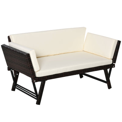 Outsunny Convertible Rattan Sofa Bed Chaise Lounge Wicker Loveseat Double Seat Cushion All Weather Patio Furniture Brown 