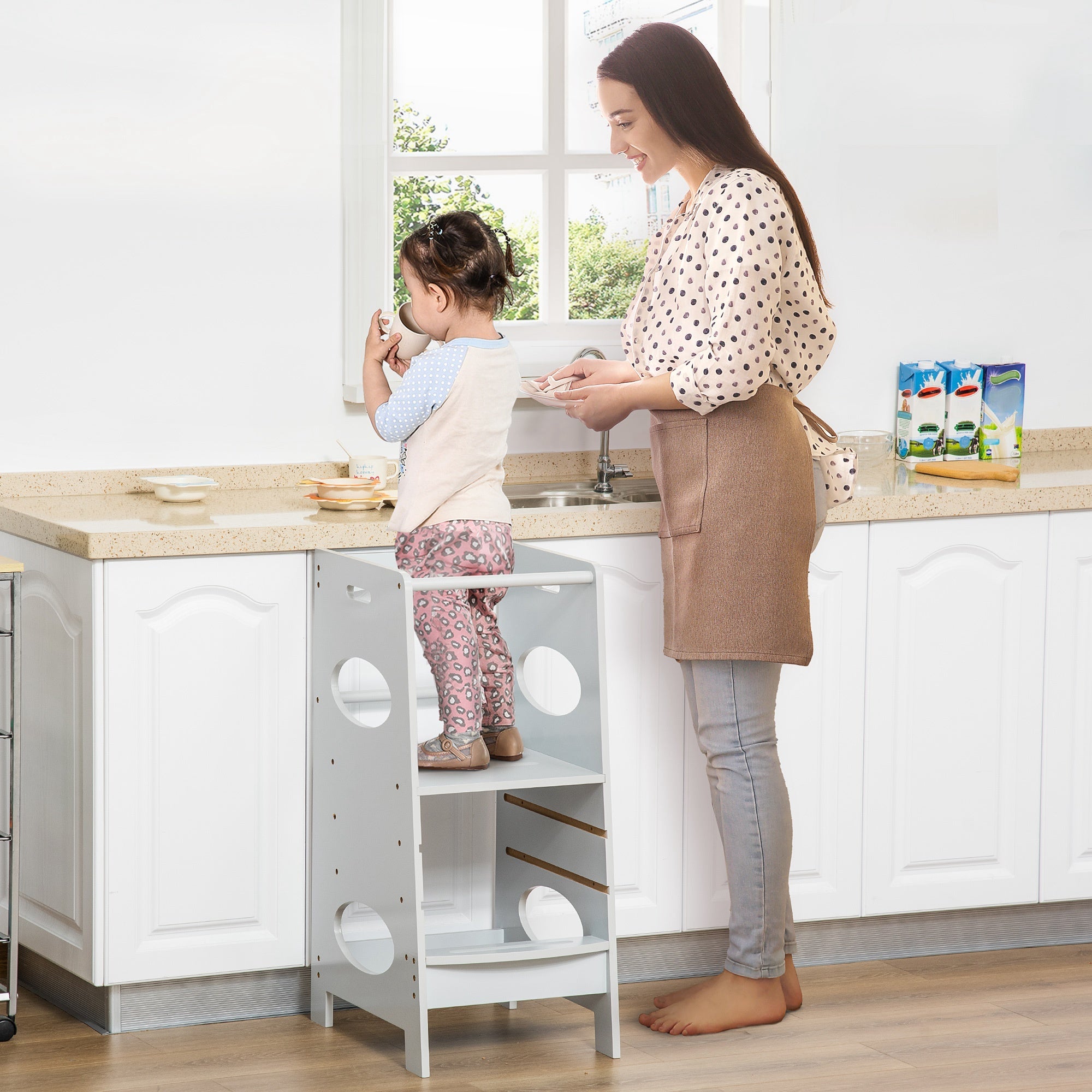 HOMCOM Adjustable Toddler Kitchen Step Stool with Safety Rail in Grey - Perfect for Little Helpers 