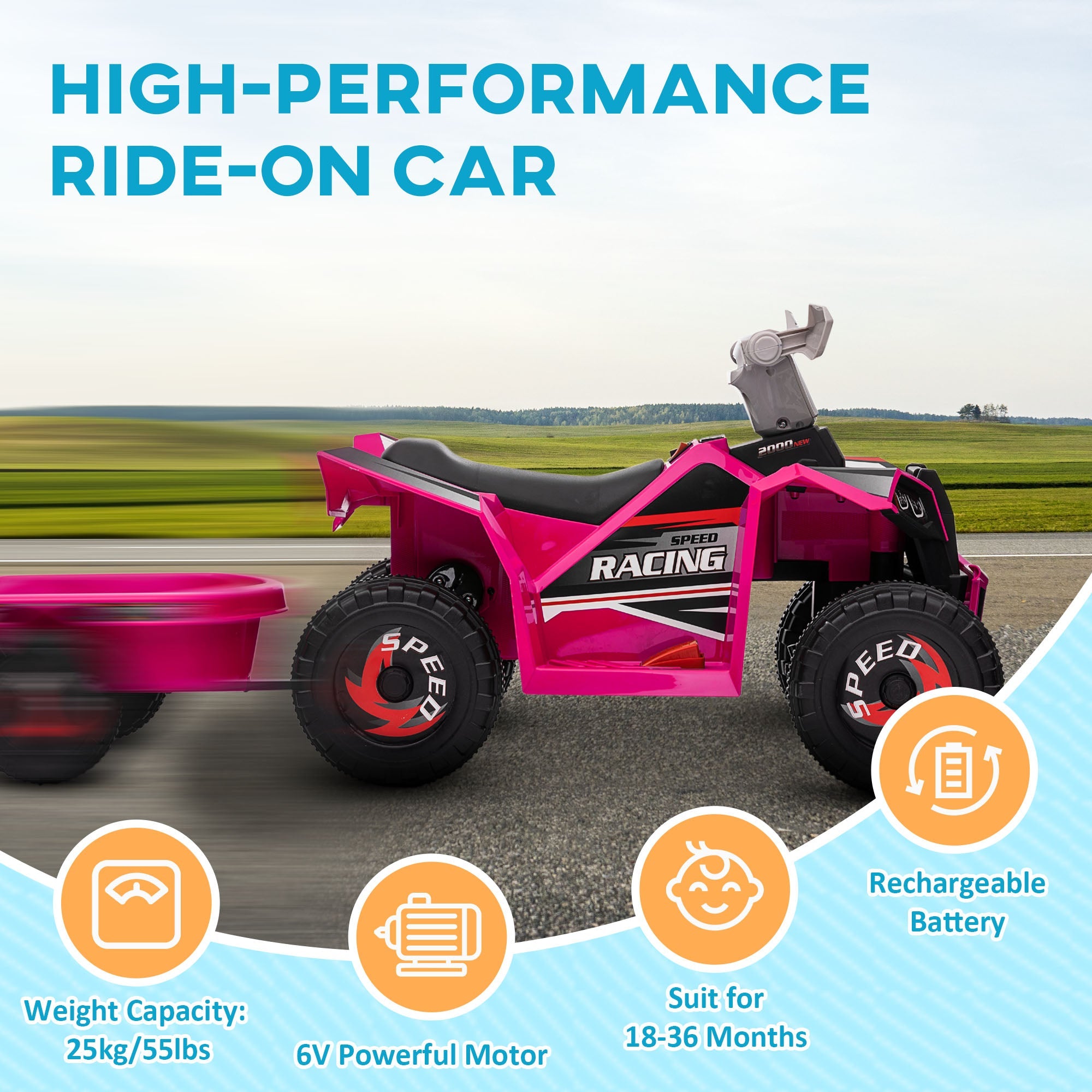 Aosom Ride-On Car: 6V, Electric, Trailer, Forward/Reverse, Wear-Resistant Wheels, Toddlers, Pink 
