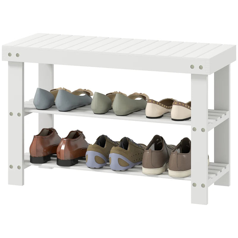 Bamboo Shoe Storage Bench, 3-Tier Entryway Bench with 2 Storage Shelves for Hallway, Holds 6 Pairs, White