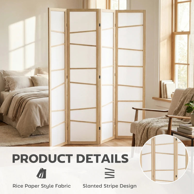 66.9" Folding Room Divider, 4 Panel Wall Partition with Wood Frame for Bedroom, Home Office, Natural Wood
