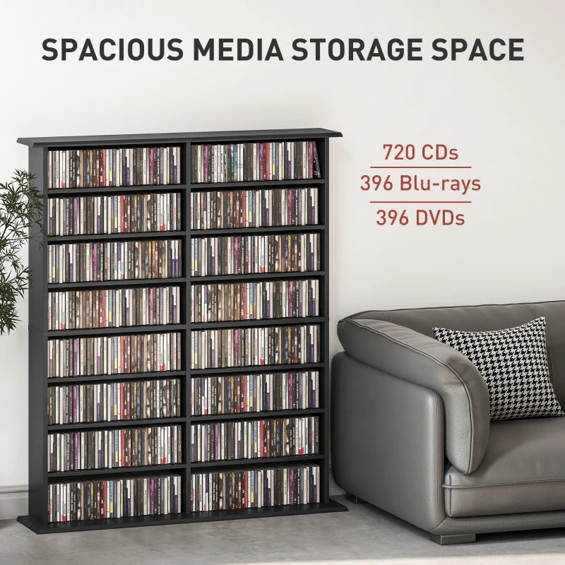 8-Tier DVD Shelf with 12 Adjustable Shelves, Double CD Shelf, Holds 720 CDs, 396 DVDs or 396 Blu-rays, Black