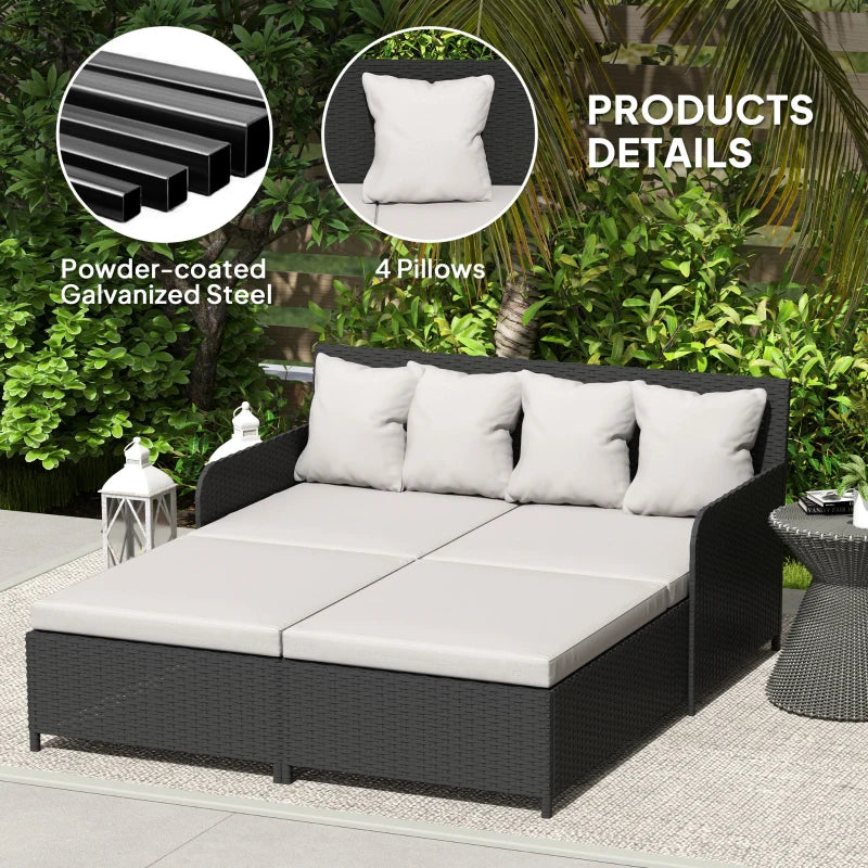 Rattan Outdoor Daybed, Sunbed Loveseat with Soft Cushions, 4 Pillows, Curved Backrest & Armrest, Light Grey