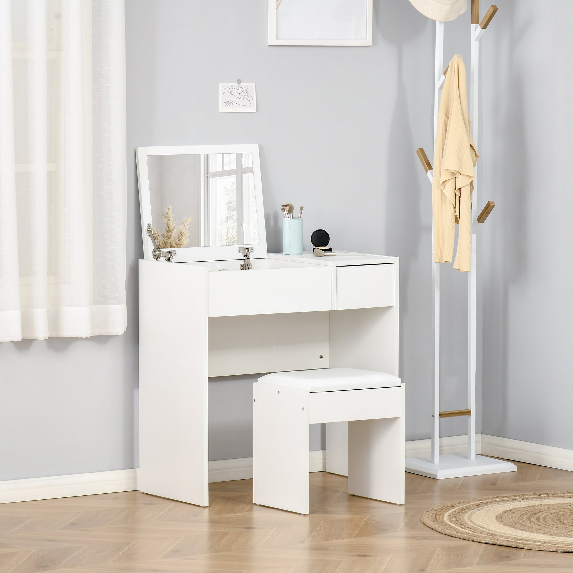 HOMCOM Dressing Table Set with Flip Top Mirror and Cushioned Stool, Makeup Vanity Table Dresser Desk with Drawer and Storage Grids 