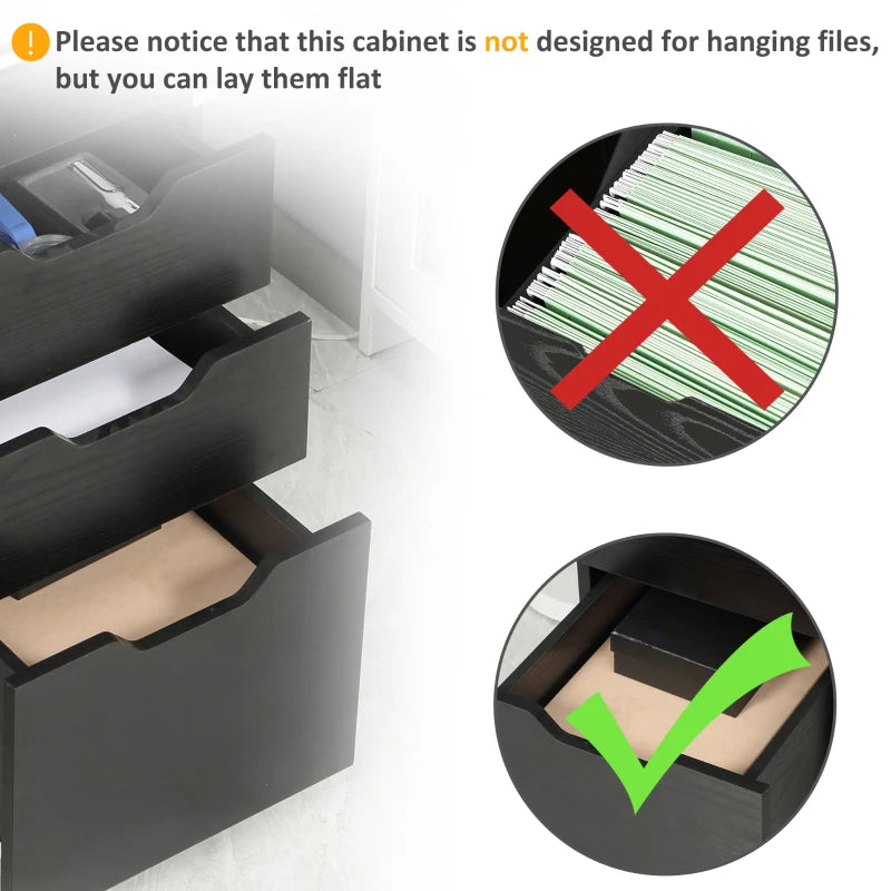 Vertical Filing Cabinet, 3 Drawer Mobile File Cabinet, Under Desk Office Storage Cabinet with Wheels, Black Wood Grain