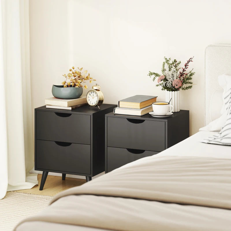 Modern Bedside Table Set of 2, Nightstand with 2 Drawers and Pine Wood Legs for Bedroom, Living Room, Black