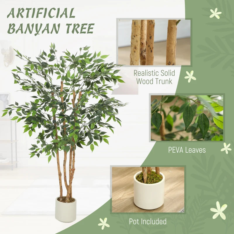 5FT Artificial Banyan Tree Set of 2, Fake Potted Tree with Solid Wood Trunk and Pot for Indoor