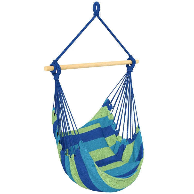 Hammock Chair Swing Hanging Macrame Chair w/ Two Soft Seat Cushions, Blue and Green