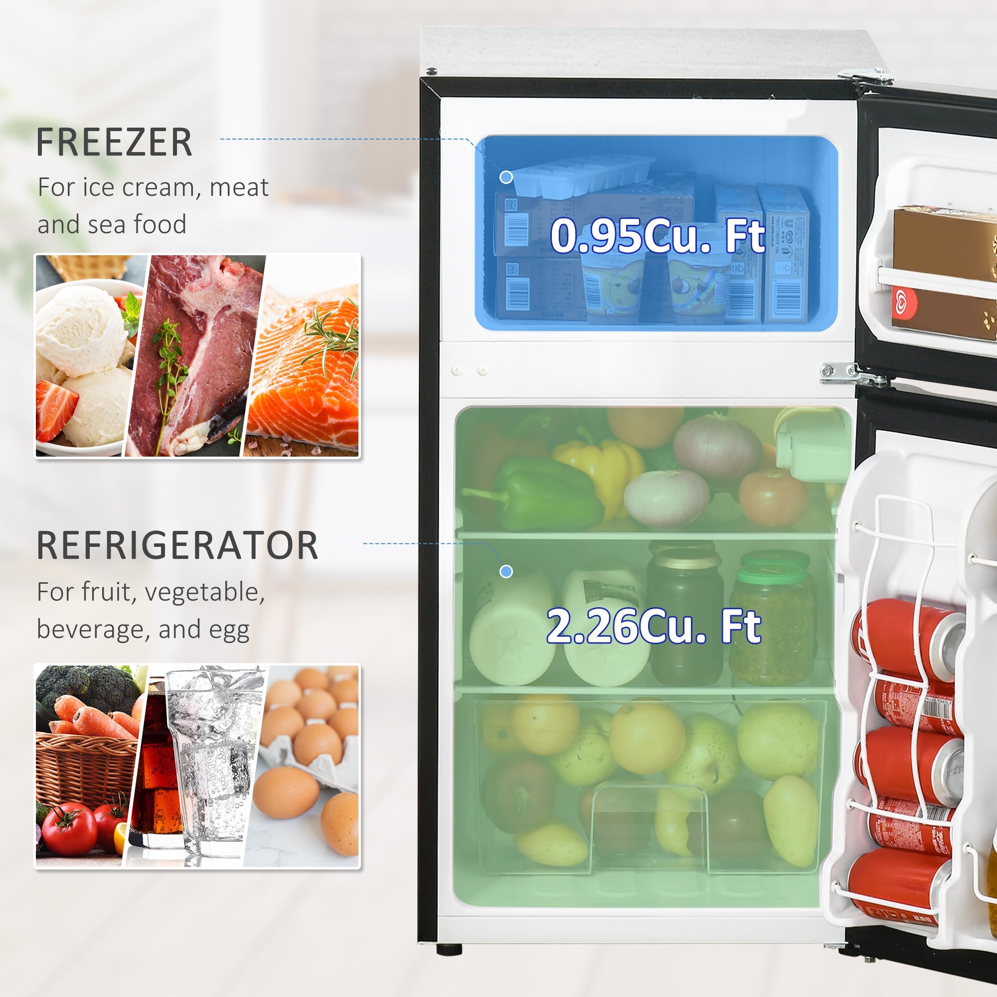 HOMCOM 3.2 Cu Ft Compact Refrigerator, Mini Fridge with Freezer, Adjustable Shelves and Reversible Doors for Bedroom, Black 