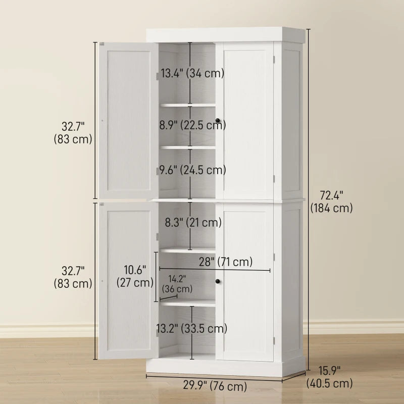72.5" Freestanding Kitchen Pantry Cabinet with 4 Doors, White