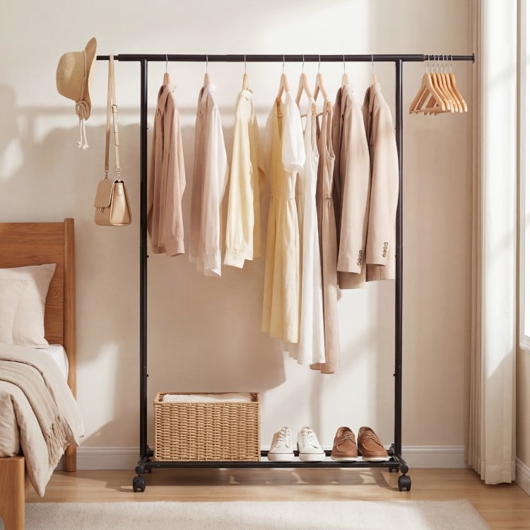 Mobile Garment Rack with Extendable Rods Heavy-Duty Metal Clothes Stand on Wheels