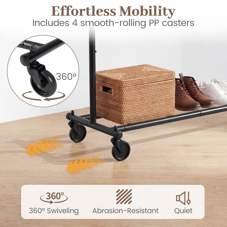 Mobile Garment Rack with Extendable Rods Heavy-Duty Metal Clothes Stand on Wheels