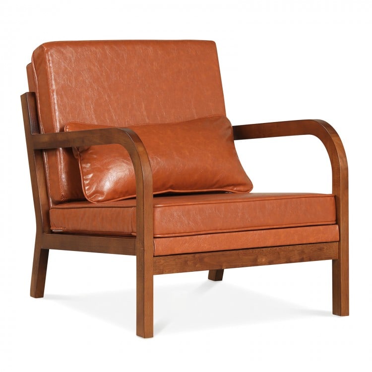 Modern Accent Chair Faux Leather Linen Fabric Upholstered Armchair-Brown