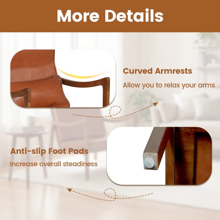 Modern Accent Chair with Solid Rubber Wood Faux Leather Upholstered Armchair-Brown